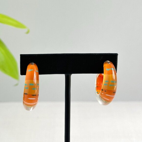 Mod Lucite Hoop Earrings Orange & Blue 1.25" Retro Minimalist Style - Picture 1 of 6